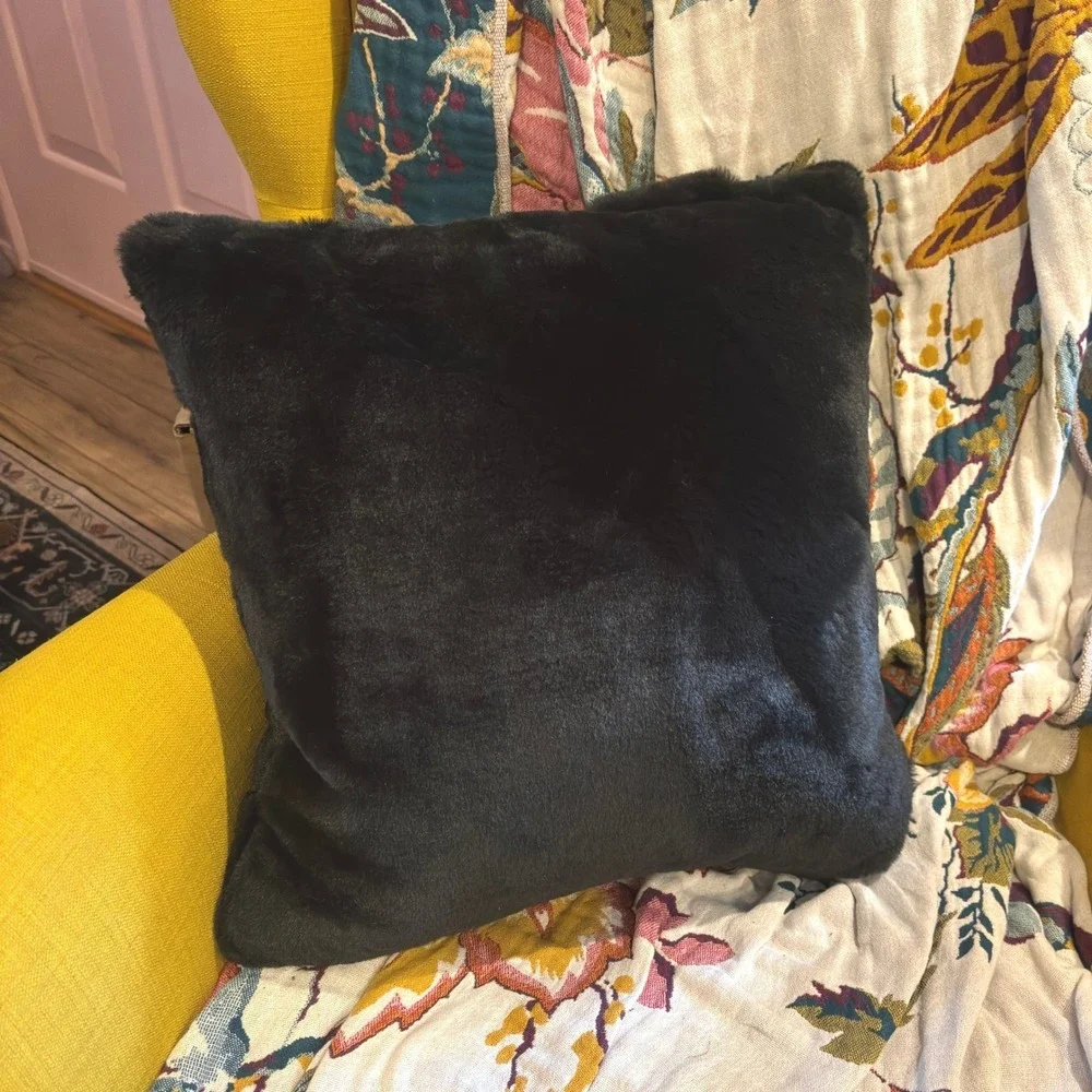 Anthropologie Black Woven Faux Fur Decorative Accent Pillow Down Feather Fill